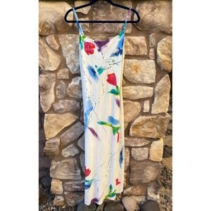 Sarah Hand Painted Originals Maxi Dress White Floral Spaghetti Straps Boho